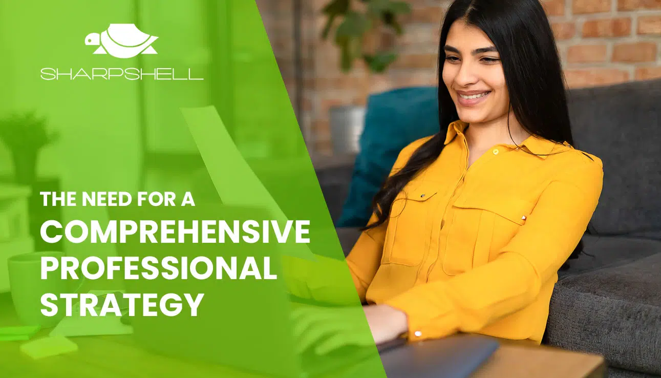 Woman in yellow shirt working on a laptop, emphasizing the need for a comprehensive professional digital marketing strategy by SharpShell Digital.