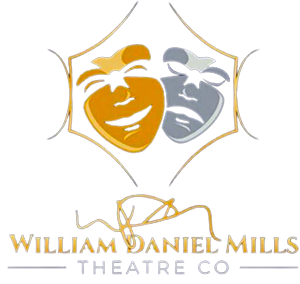 William Daniel Mills Theatre Co. logo featuring two theatrical masks, representing drama and comedy, with an elegant design and the company name prominently displayed.