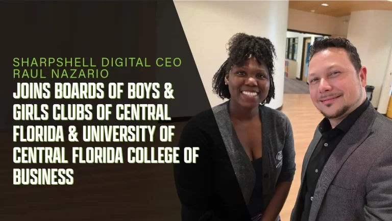 Raul Nazario, CEO of SharpShell Digital, smiling with a colleague, announcing his appointment to the boards of Boys & Girls Clubs of Central Florida and UCF College of Business.