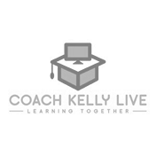 Logo of Coach Kelly Live featuring a graduation cap with a computer, symbolizing online learning and collaboration.