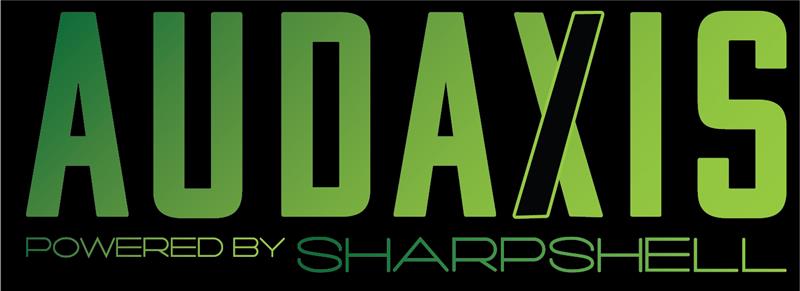 Logo of Audaxis powered by SharpShell, emphasizing CRM implementation and business automation services.